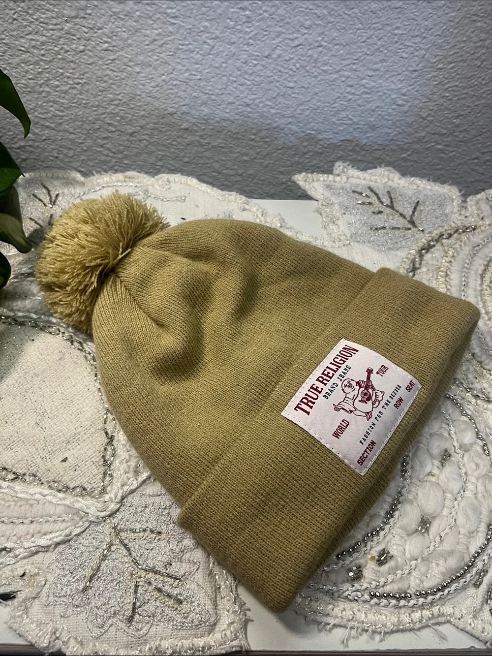 NWOT True Religion Tan Pom Pom Knit Beanie Hat Buddha Patch